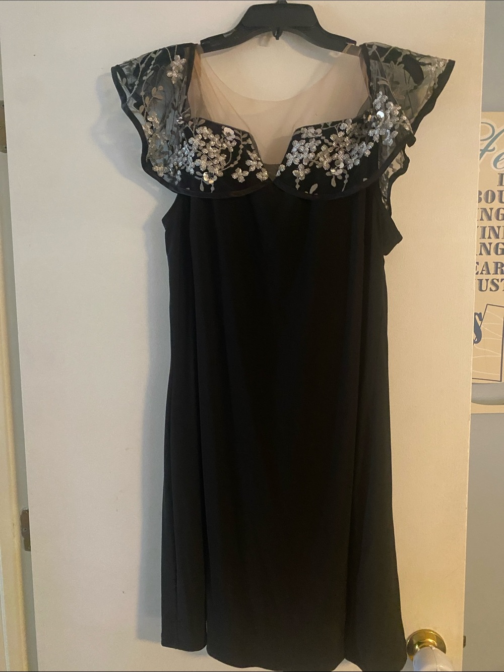 Black Midi Dress with Embroidered Sheer Ruffle Collar